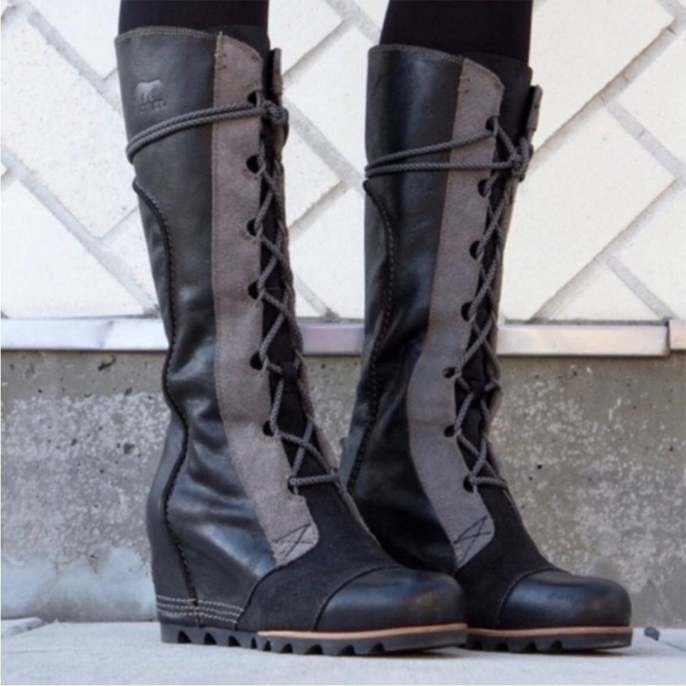 Sorel Cate the Great Wedge Lace Up Moto Rare Black Grey Gray Knee High Boots 9 - Picture 5 of 16